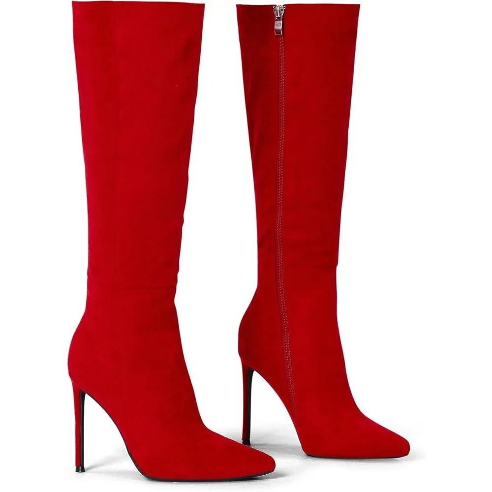 Women's Red Leather Suede Knee High Stiletto Tall Pointed Toe Stylish Boot